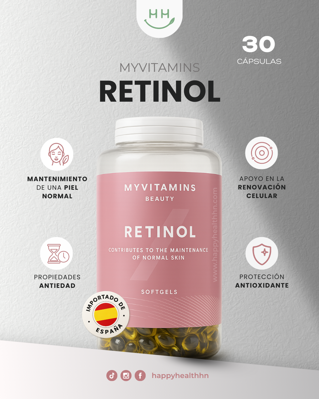MyVitamins Retinol suplemento antienvejecimiento vitamina A renovación celular piel 30 cápsulas