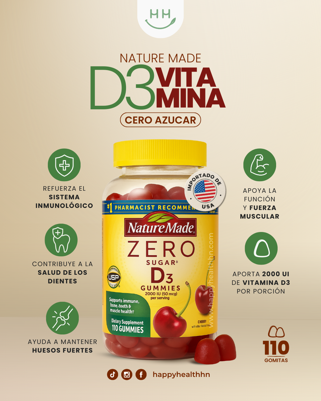 Nature Made - Gomitas de Vitamina D3 2000 IU Sin Azúcar ni Aspartamo (110 gomitas - 55 días)