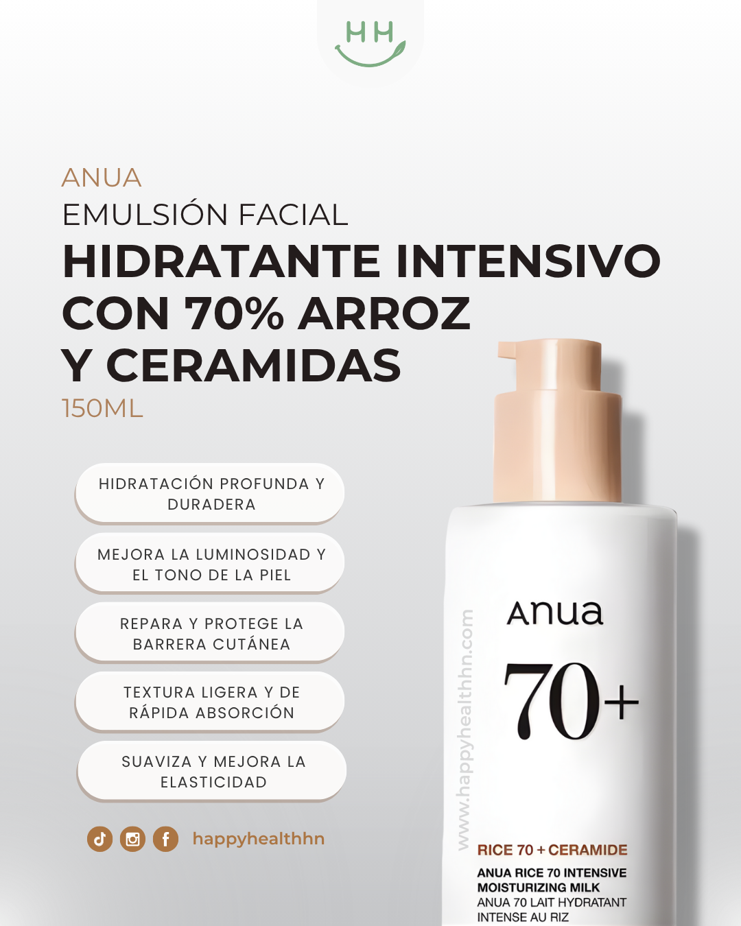 Anua – Emulsión Facial con 70% de Extracto de Arroz para Hidratación Profunda y Mejora del Tono (150ml)