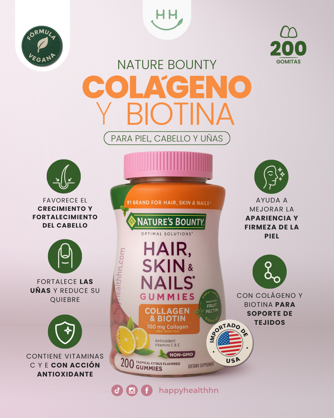 Nature's Bounty - Gomitas de Colágeno y Biotina para Cabello, Piel y Uñas (200 unidades)(Naranja)