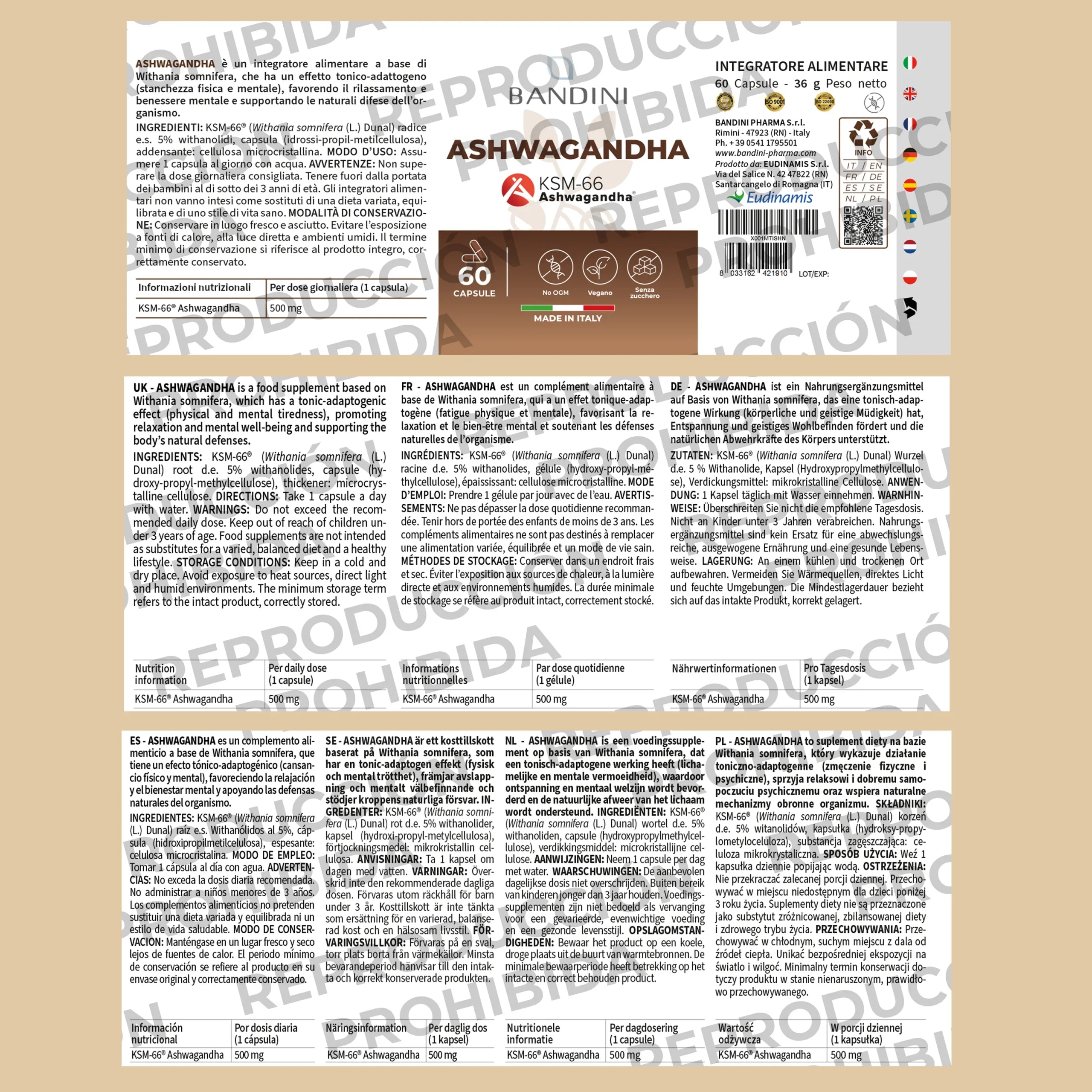 Bandini - Ashwagandha KSM-66® 500mg Extracto de Alta Potencia (60 Cápsulas)