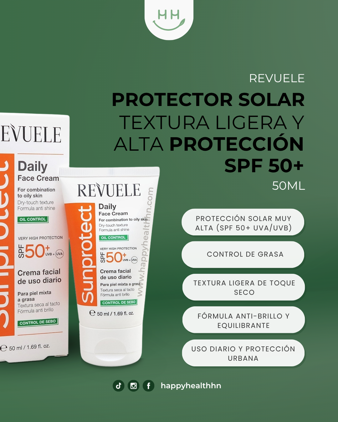Revuele – Protector Solar Diario para Rostro con Textura Ligera y Alta Protección SPF 50+ (50ml)
