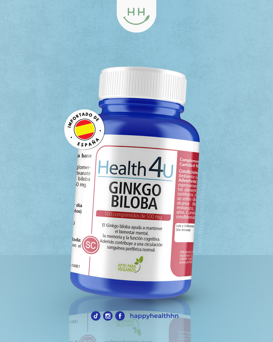Health4U – Ginkgo Biloba Vegano para Apoyo Cognitivo y Circulatorio – 100 comprimidos