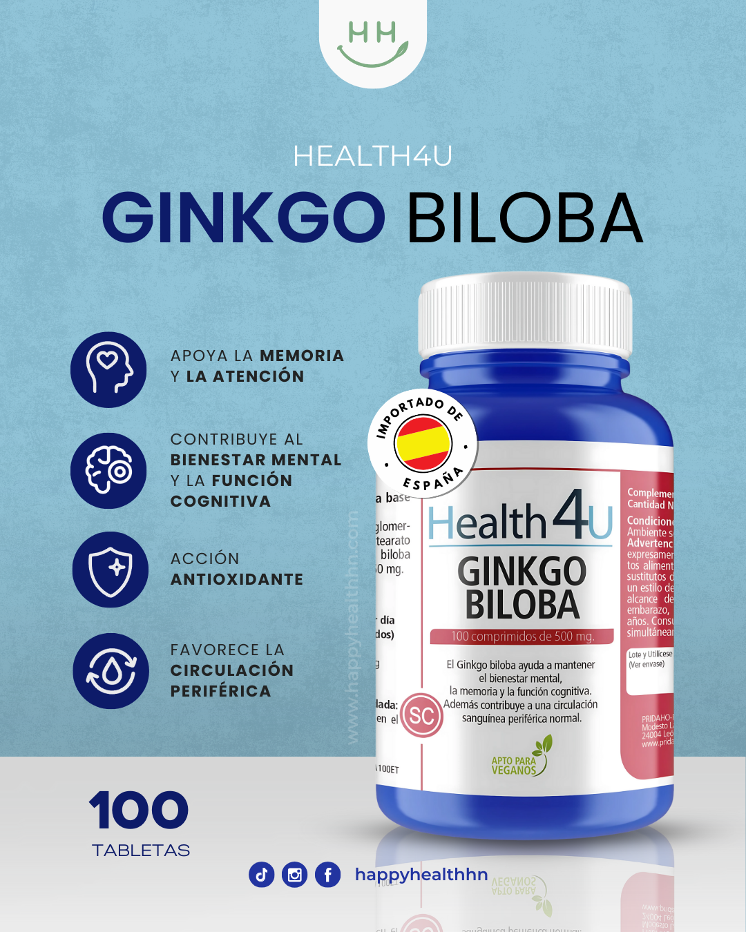 Health4U – Ginkgo Biloba Vegano para Apoyo Cognitivo y Circulatorio – 100 comprimidos