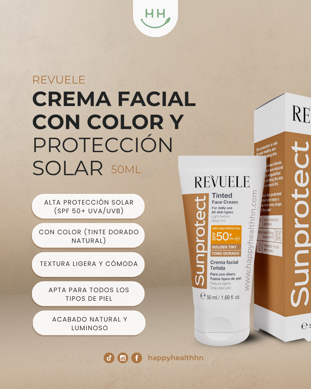 Revuele - Sunprotect Crema Facial Hidratante SPF 50+ (con Color)