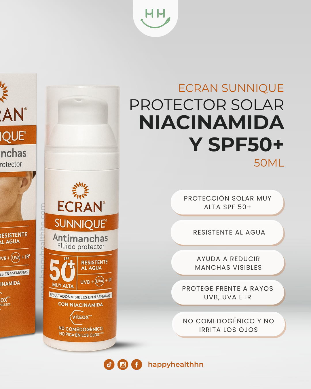Ecran Sunnique – Protector Solar Facial con Niacinamida y SPF50+ para Prevenir Manchas y Unificar el Tono (50ml)