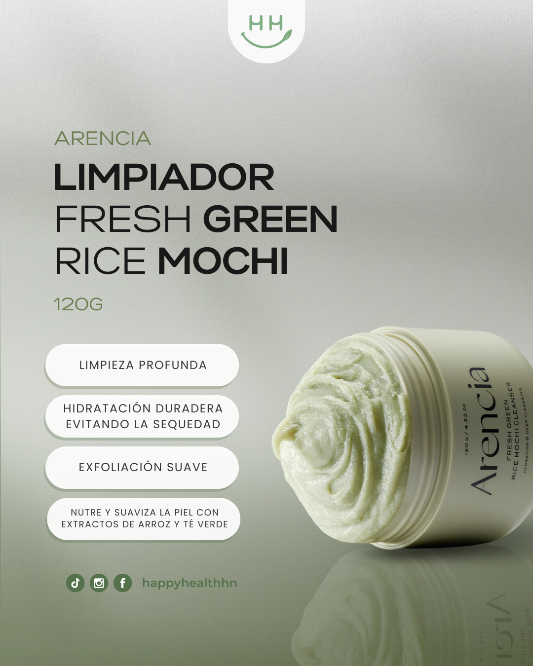 Arencia – Limpiador Facial de Arroz Verde y Textura Mochi 120g