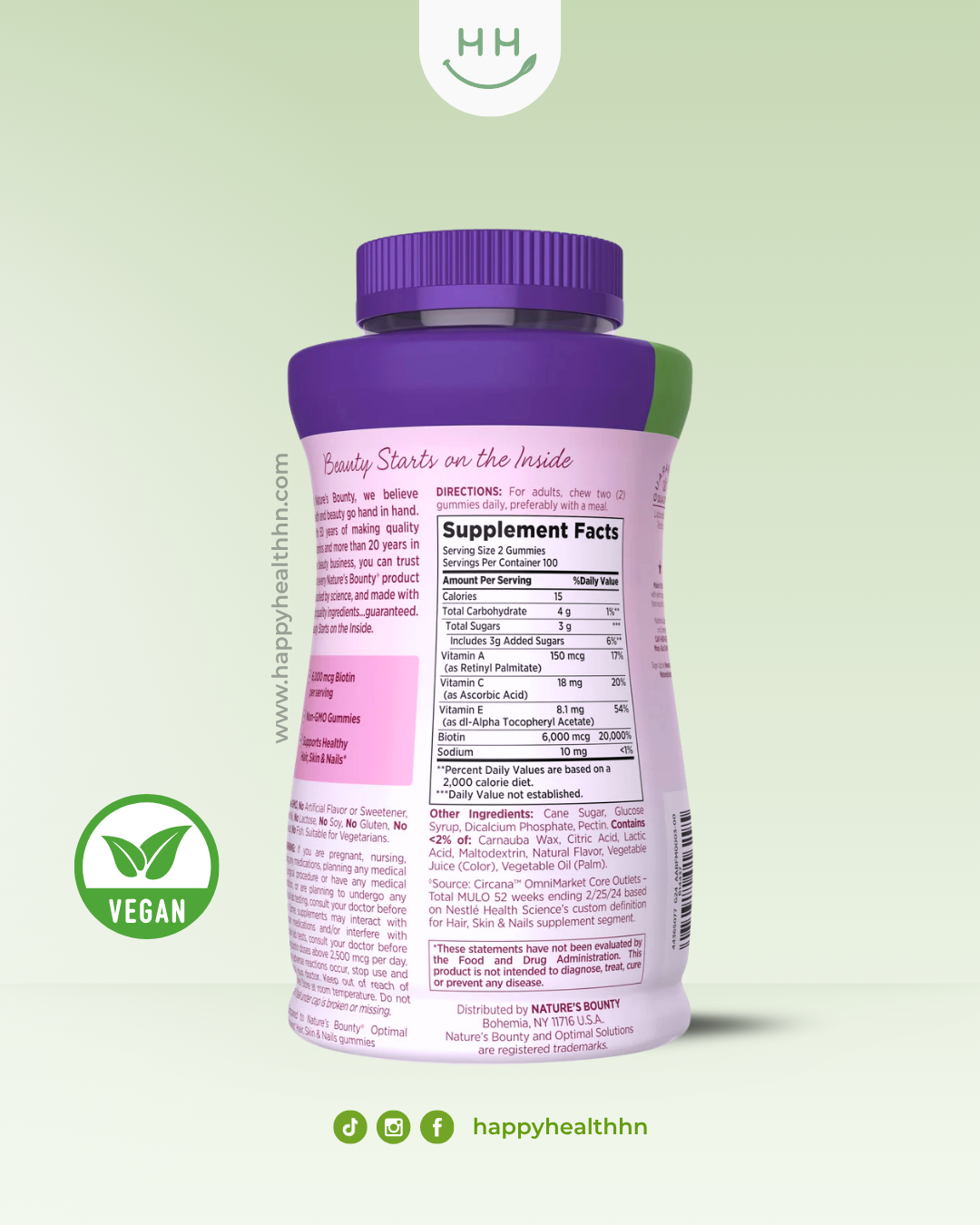 Nature's Bounty - Biotina y Vitaminas para el cabello, la piel y las uñas, 200 gomitas (Veganas)(6000 mcg)