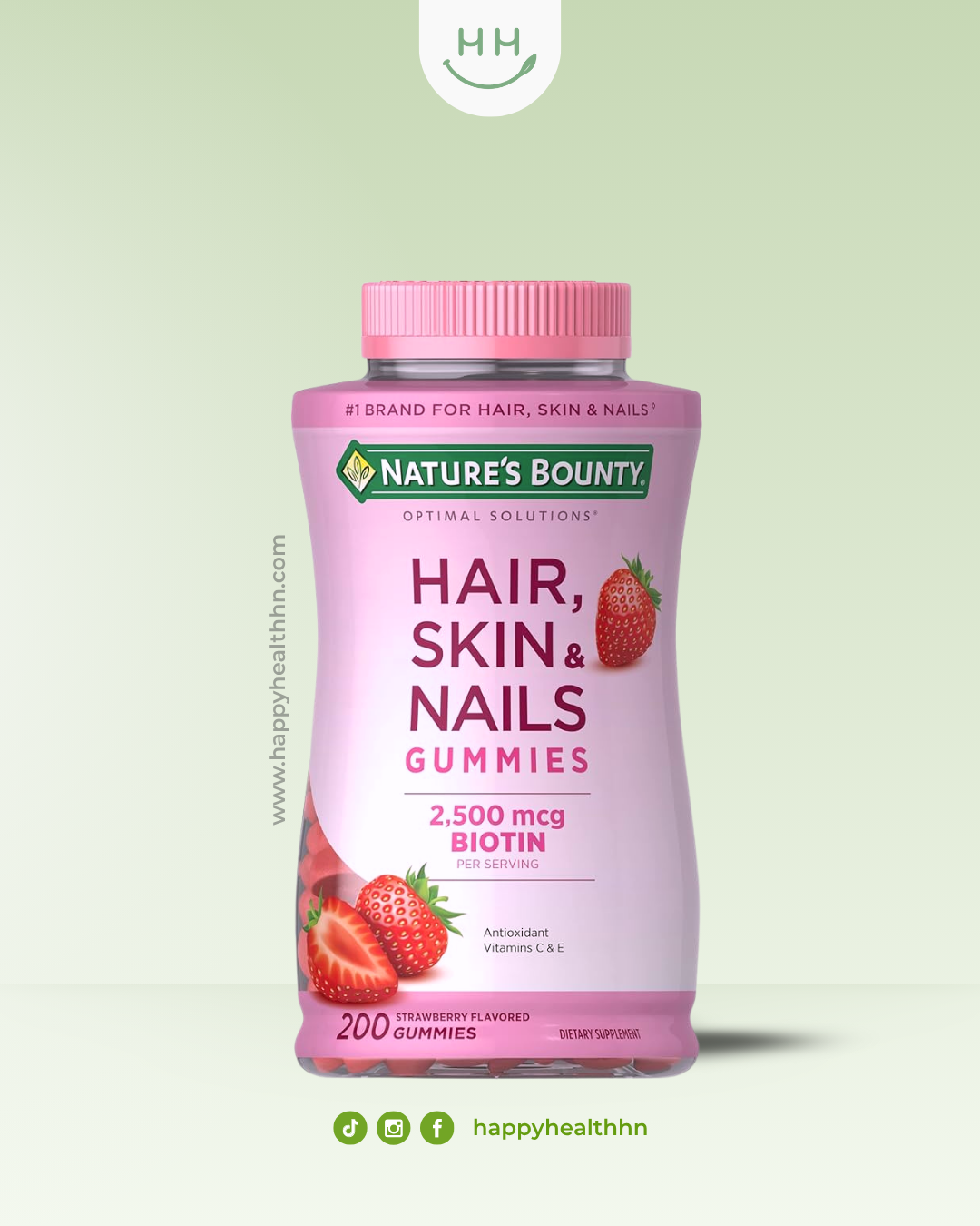 Nature's Bounty - Biotina y Vitaminas para el cabello, la piel y las uñas, 200 gomitas (2500 mcg)(Fresa)