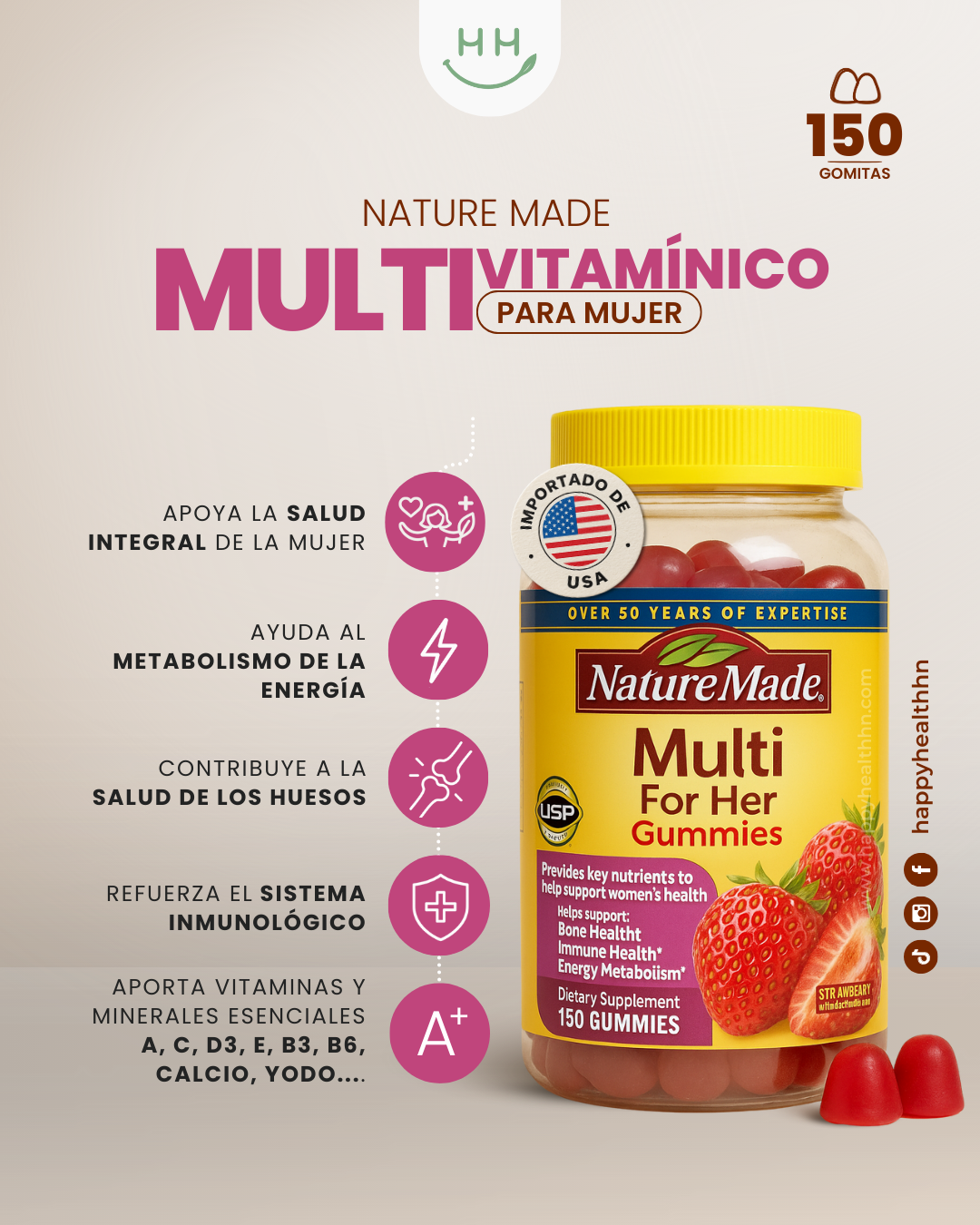 Nature Made - Multivitamínico Femenino en Gomitas con Vitaminas Esenciales (150 gomitas - 75 días)