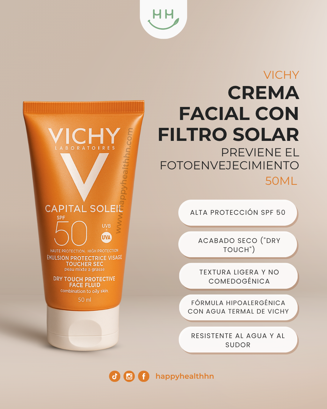 Vichy – Crema Facial con Filtro Solar SPF50+ y Textura Aterciopelada para Prevenir el Fotoenvejecimiento (50ml)