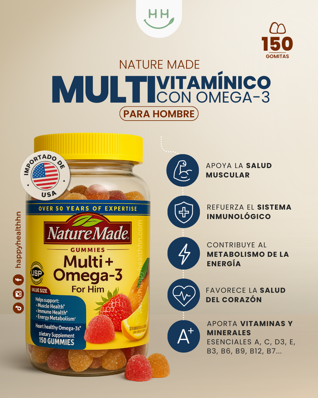 Nature Made - Multivitamínico Masculino en Gomitas con Omega-3 para Salud Cardiovascular (150 gomitas - 75 días)