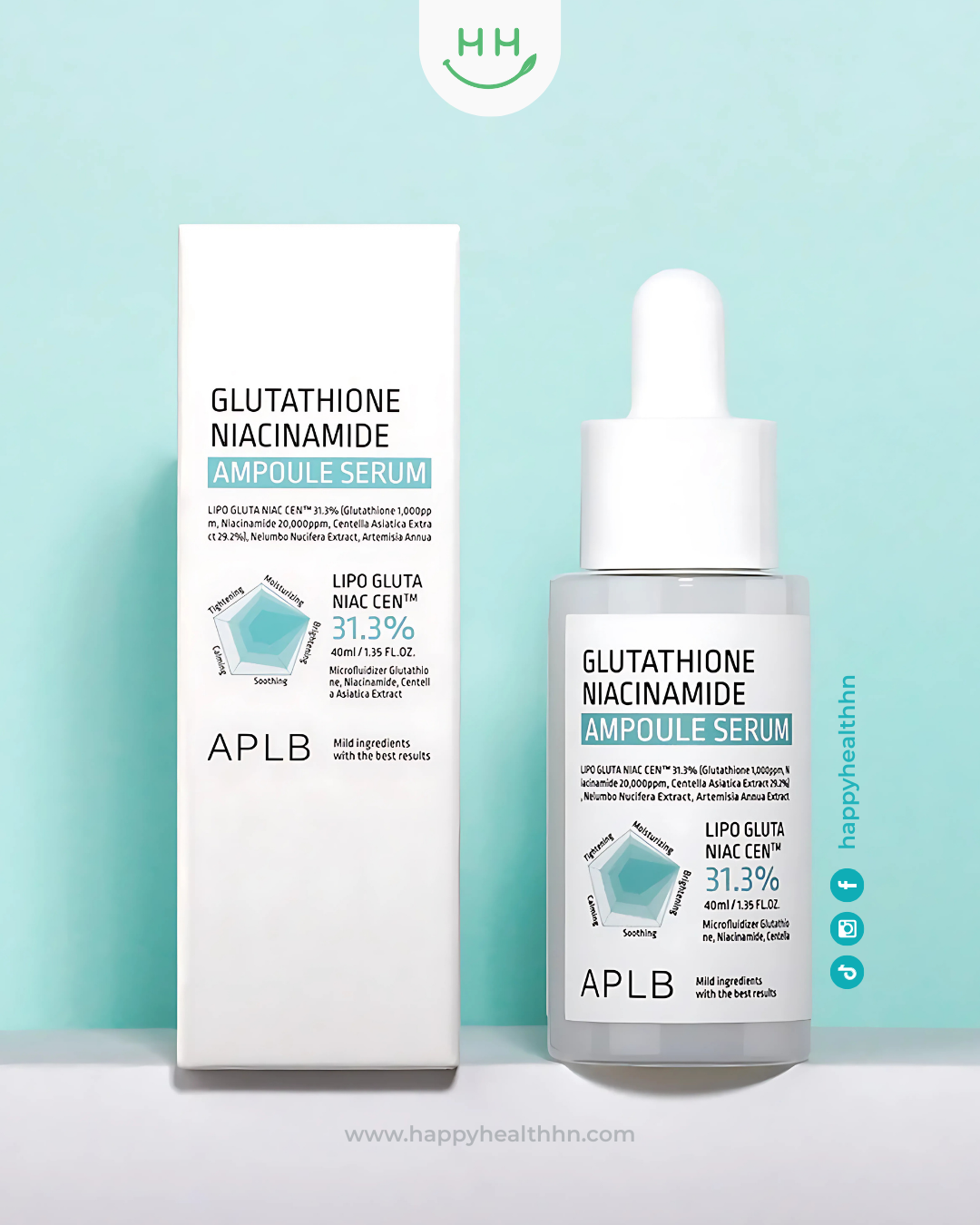 APLB Glutathione Niacinamide Ampoule Serum 40ml con 20000ppm niacinamida y tecnología LIPO GLUTA NIAC CEN
