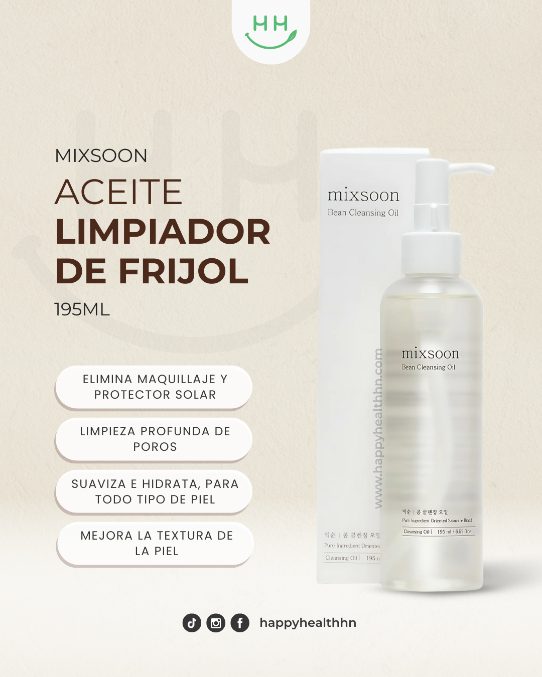 Aceite limpiador Mixsoon Bean nutritivo para doble limpieza coreana
