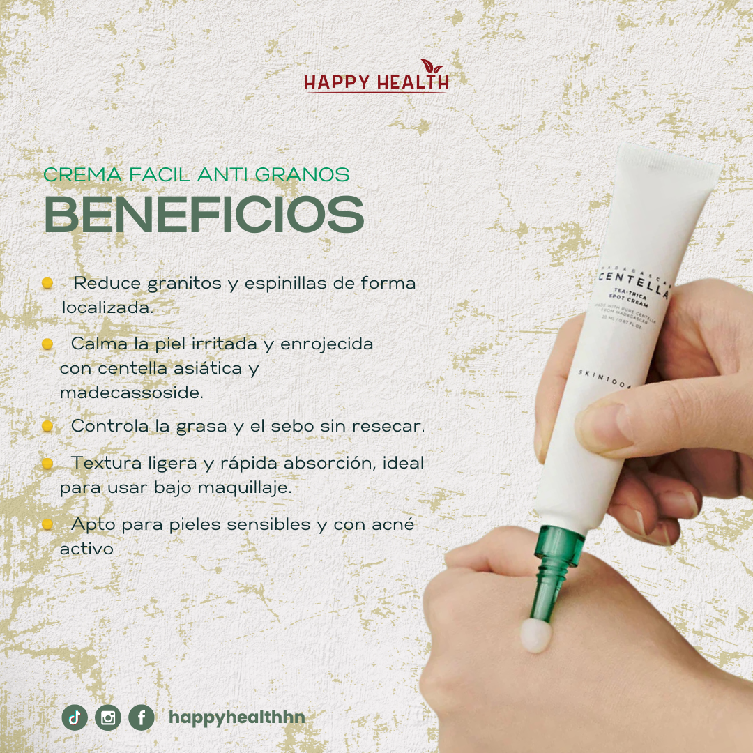 Tubo de SKIN1004 Madagascar Centella Tea-Trica Spot Cream de 20 ml con diseño minimalista, ideal para tratamientos localizados contra el acné.