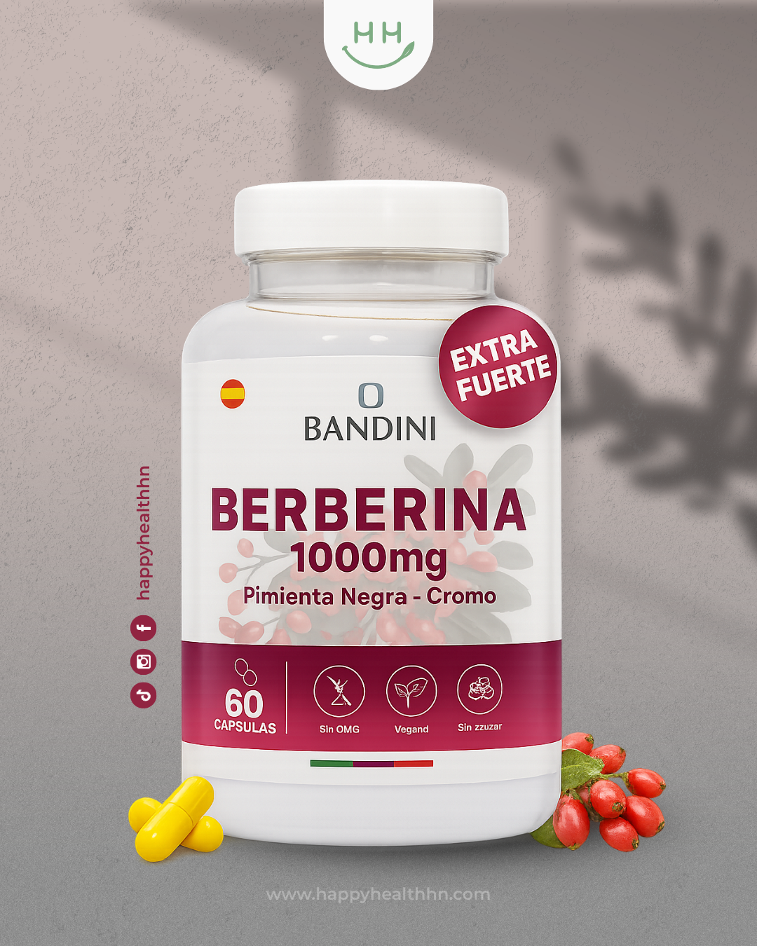 Bandini Berberina 1000mg 60 cápsulas suplemento para metabolismo y glucosa