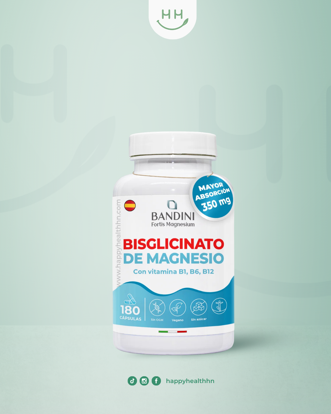 Bandini Bisglicinato de Magnesio 350mg con vitaminas B1 B6 B12 180 cápsulas veganas