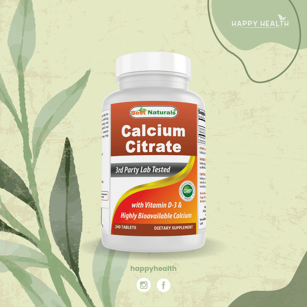 Suplemento Best Naturals Calcium Citrate con vitamina D3 para fortalecer huesos.
