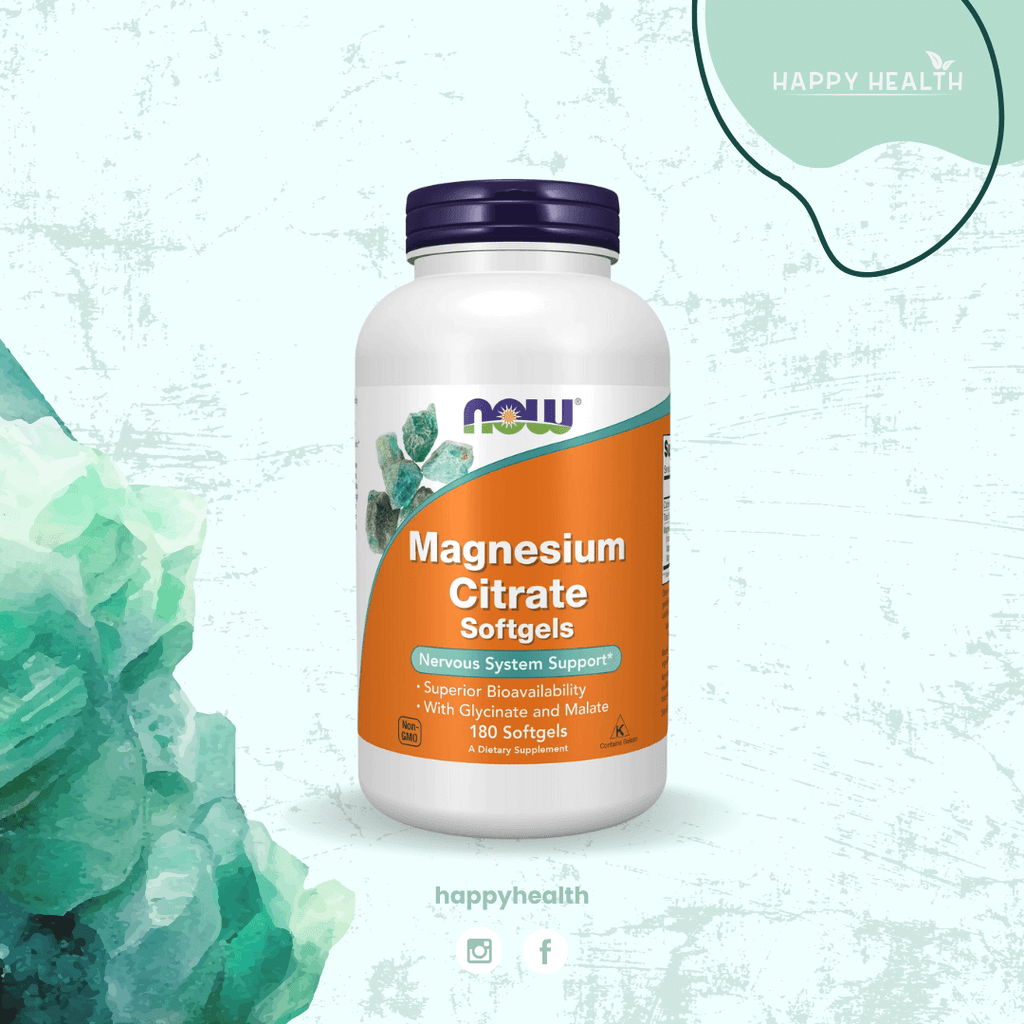 Frasco de cápsulas de magnesio citrato NOW Foods con fondo natural - suplemento vegano para energía y sistema nervioso