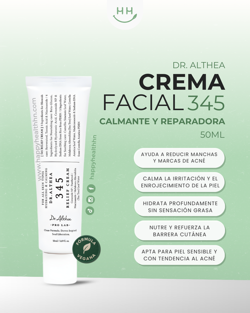 Dr Althea 345 Relief Cream de 50 ml sobre fondo blanco, mostrando su diseño minimalista y elegante. Honduras
