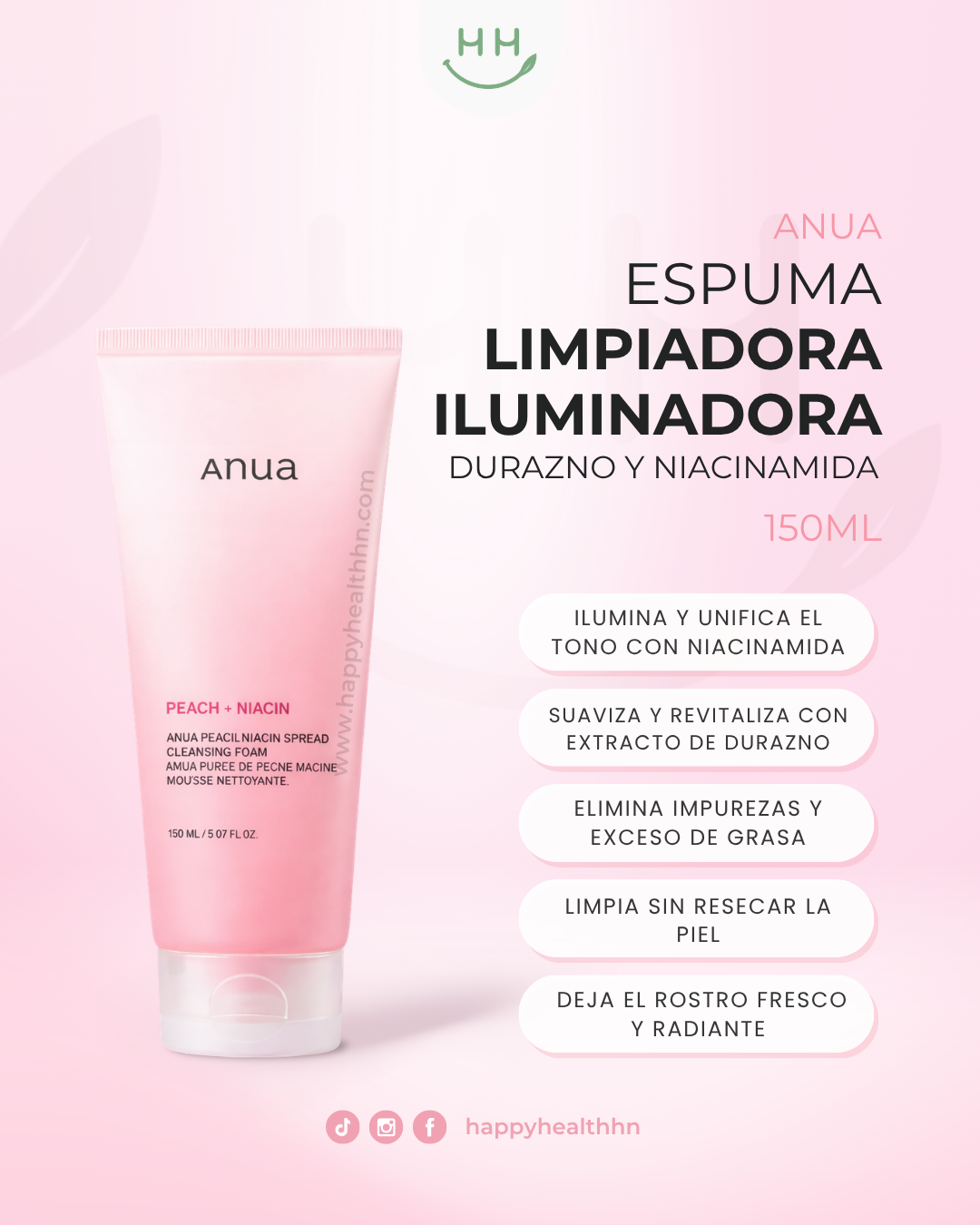 Espuma limpiadora ANUA peach 15.7% exfoliante suave poros iluminadora pH ácido coreana