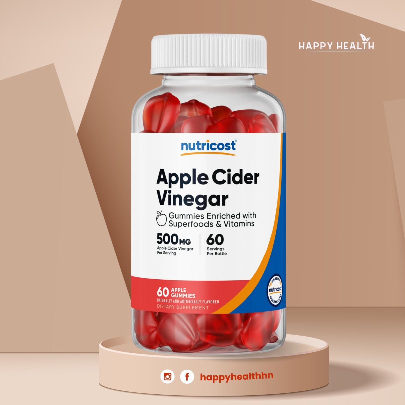 Frasco Nutricost Apple Cider Vinegar 60 gummies para digestión y metabolismo