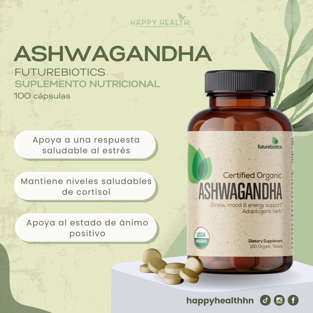 Tabletas de Ashwagandha orgánica natural colocadas frente al frasco, mostrando forma y tamaño del suplemento dietético.