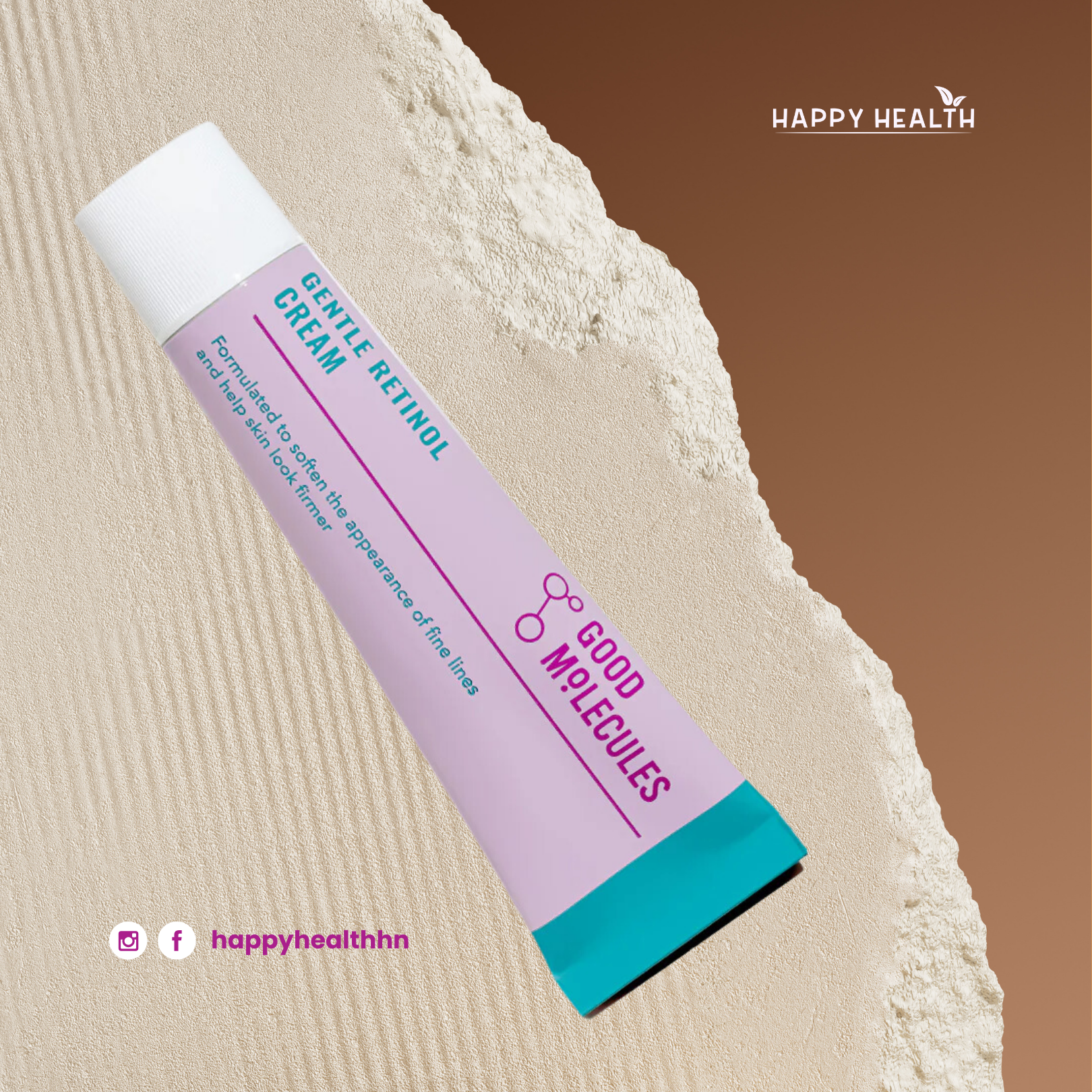 Good Molecules Gentle Retinol Cream sobre fondo beige, ideal para suavizar líneas de expresión