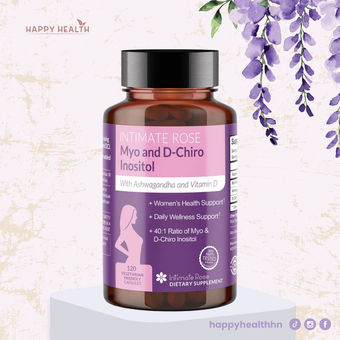 Frasco de Intimate Rose Myo and D-Chiro Inositol con etiqueta rosa y violeta sobre fondo claro con flores, suplemento para salud hormonal femenina.