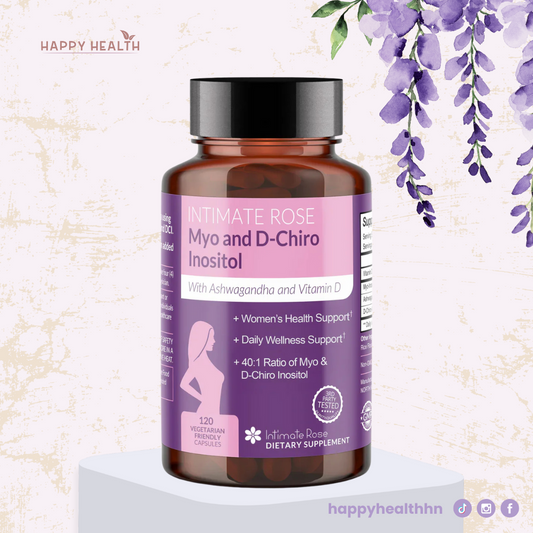Frasco de Intimate Rose Myo and D-Chiro Inositol con etiqueta rosa y violeta sobre fondo claro con flores, suplemento para salud hormonal femenina.