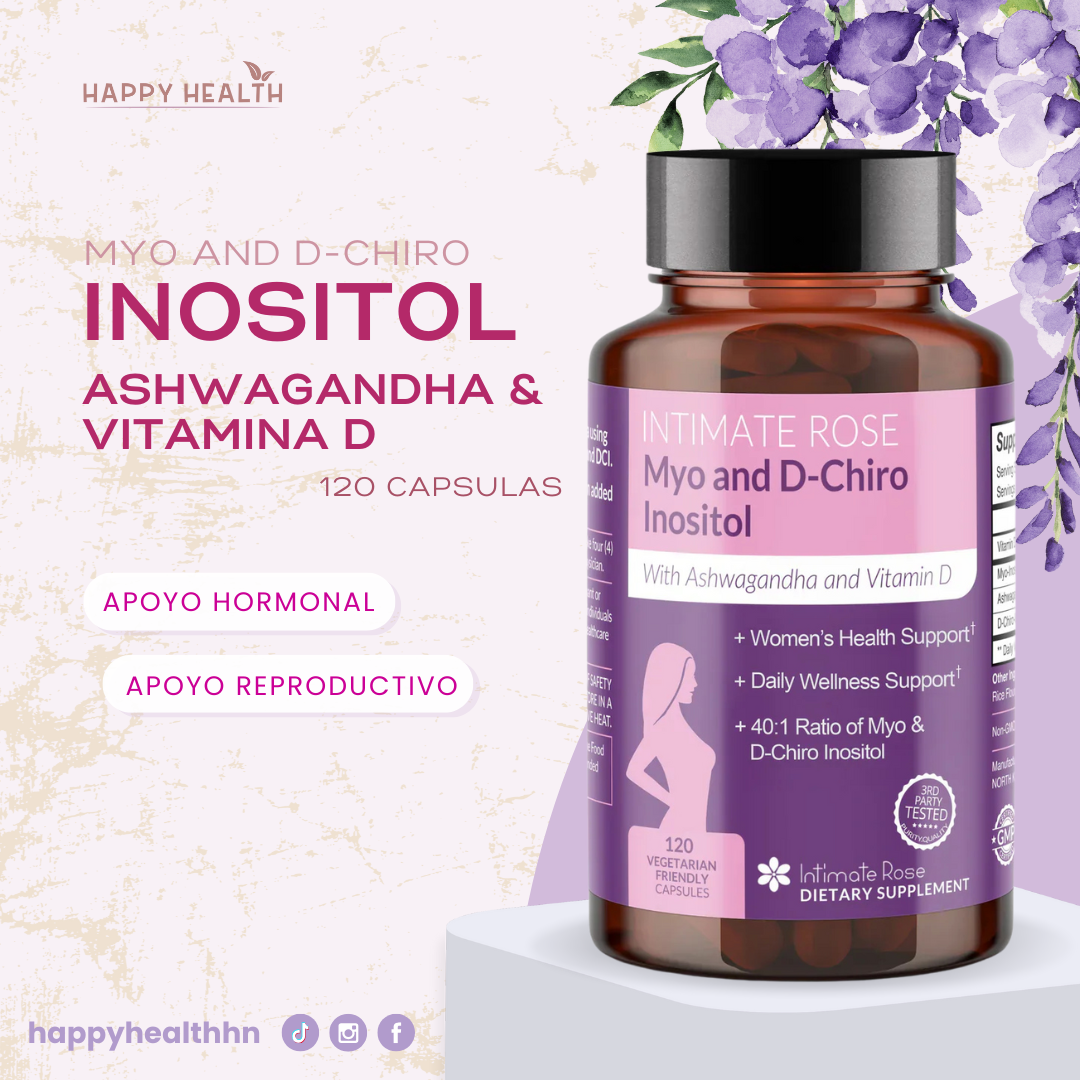 Cápsulas vegetarianas de Intimate Rose Myo and D-Chiro Inositol junto al frasco, mostrando beneficios como soporte para fertilidad, ciclo menstrual y equilibrio hormonal.