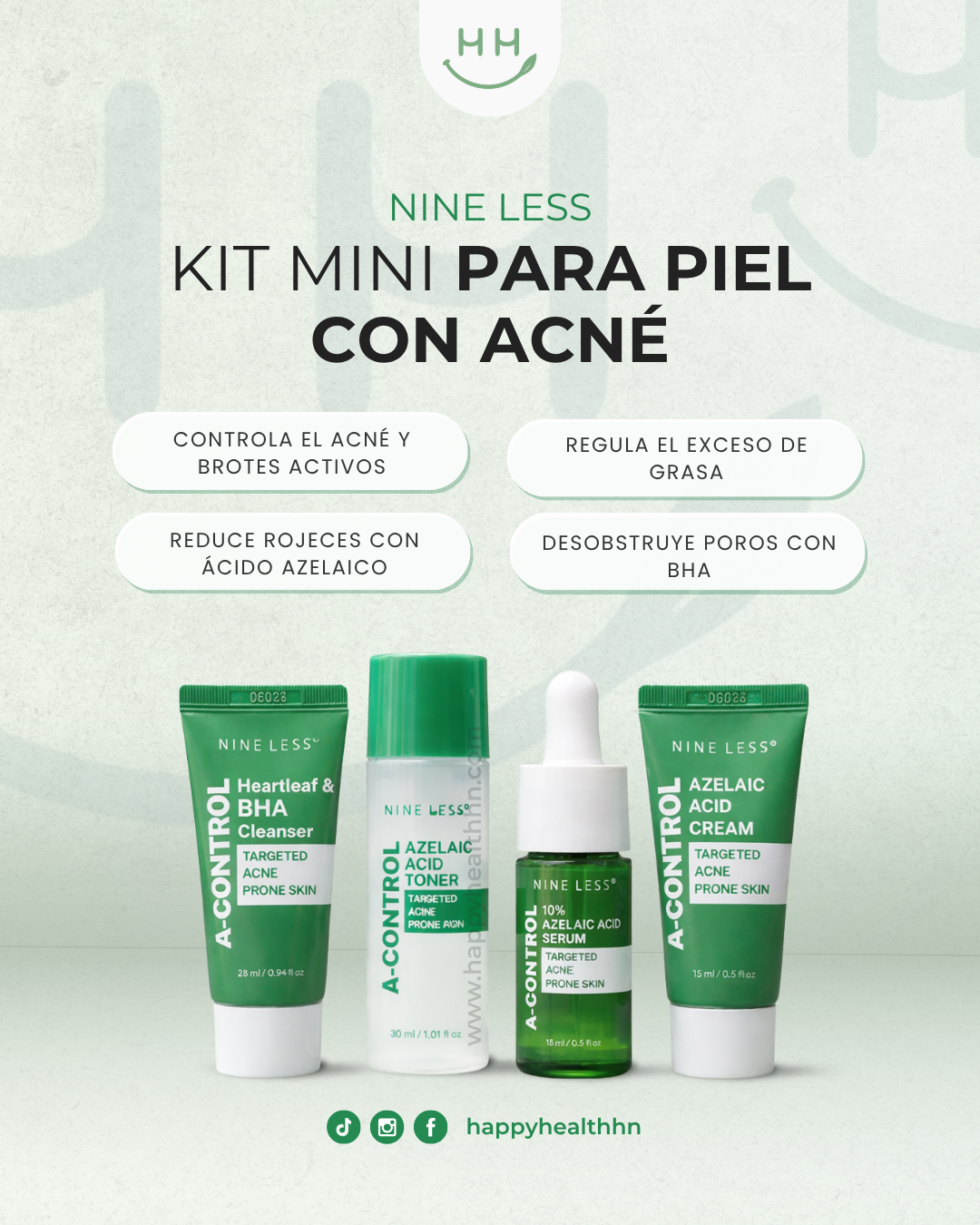 Kit coreano Nine Less para acné con AHA BHA PHA niacinamida y mucina de caracol"