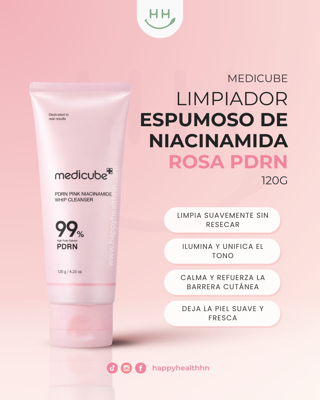 Limpiador coreano Medicube rosa con PDRN y niacinamida para piel luminosa