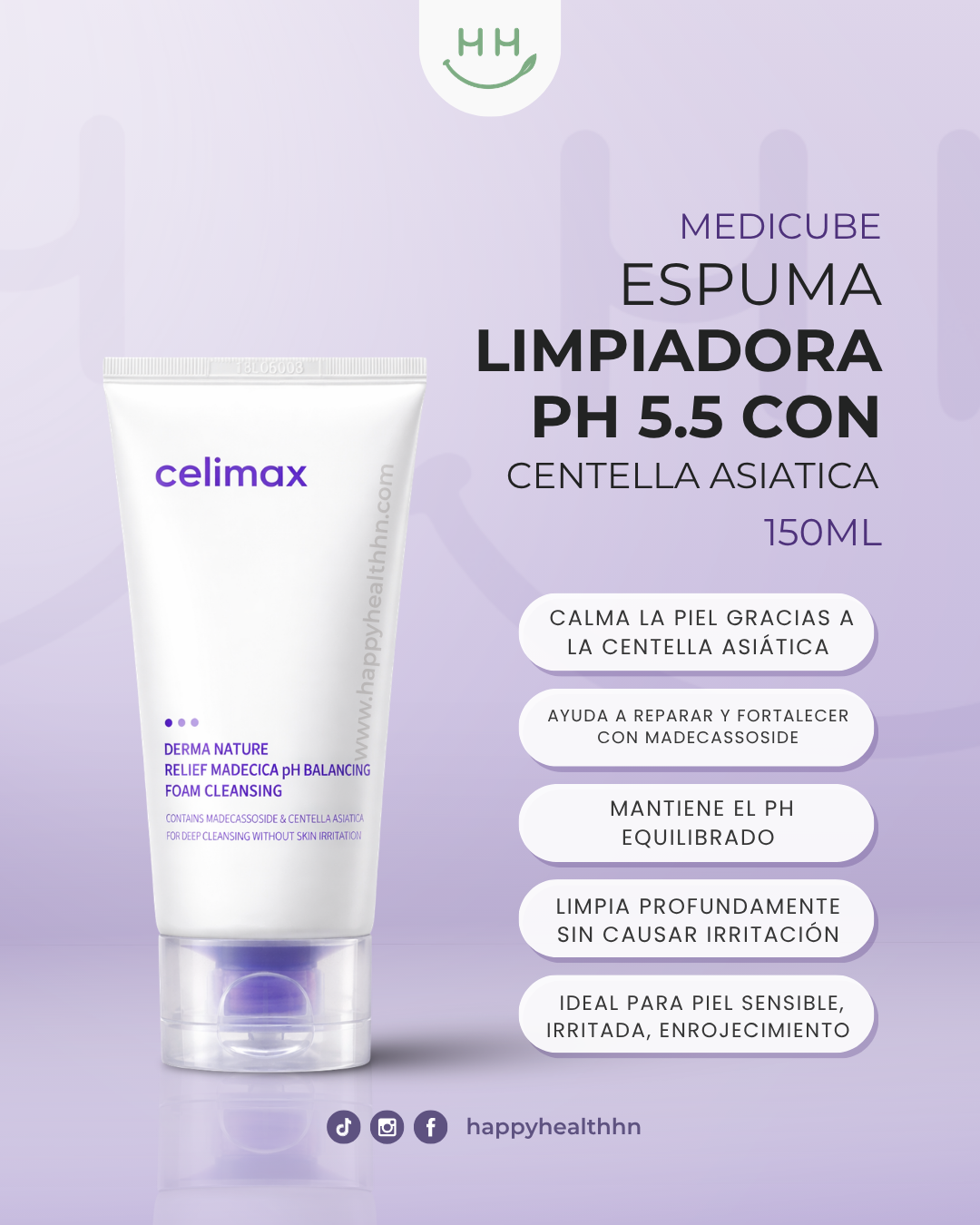 Limpiador espuma coreano Celimax CICA calmante para piel sensible pH 5.5