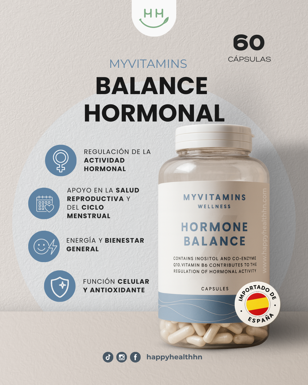 MyVitamins Equilibrio Hormonal suplemento regulador femenino Vitex Dong Quai síntomas premenstruales 60 cápsulas