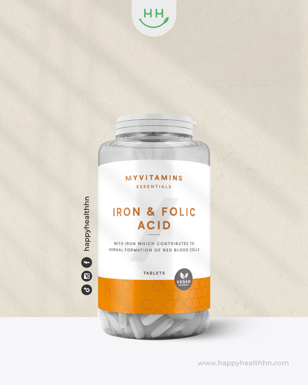MyVitamins Iron &amp; Folic Acid suplemento vegano en tabletas para anemia y embarazo