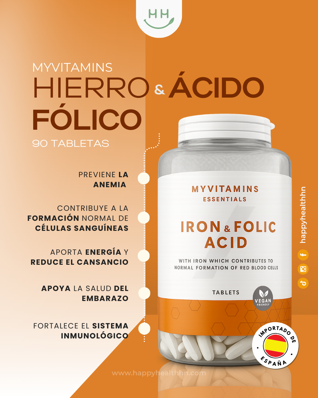 MyVitamins Iron Folic Acid suplemento anemia ferropénica hierro bisglicinato absorción 60 tabletas