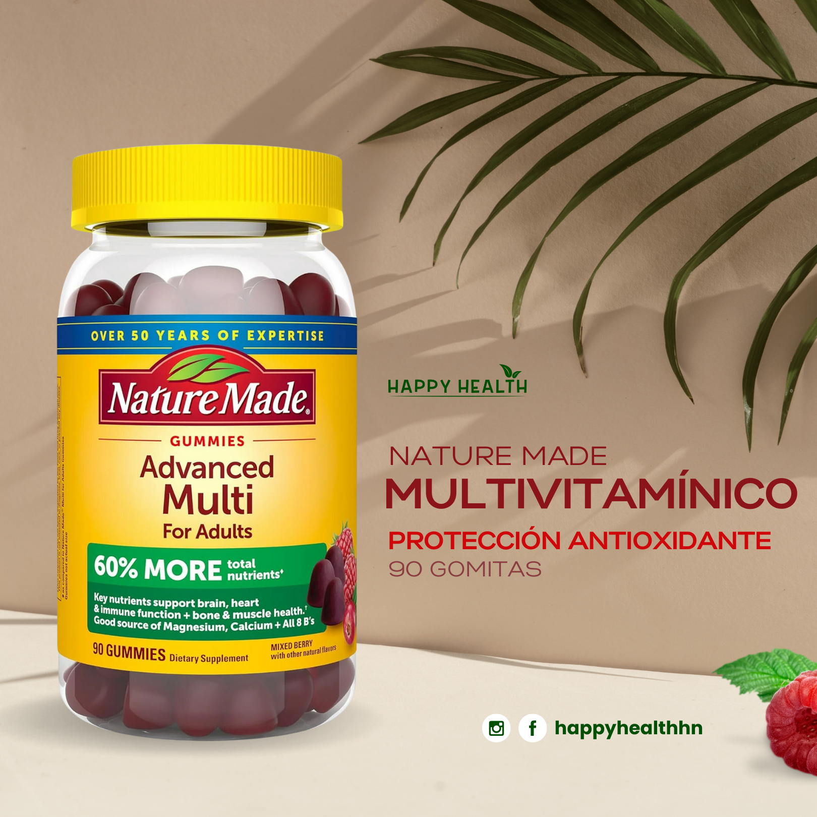 Frasco de vitaminas Nature Made Advanced Multi sabor berry – salud integral diaria