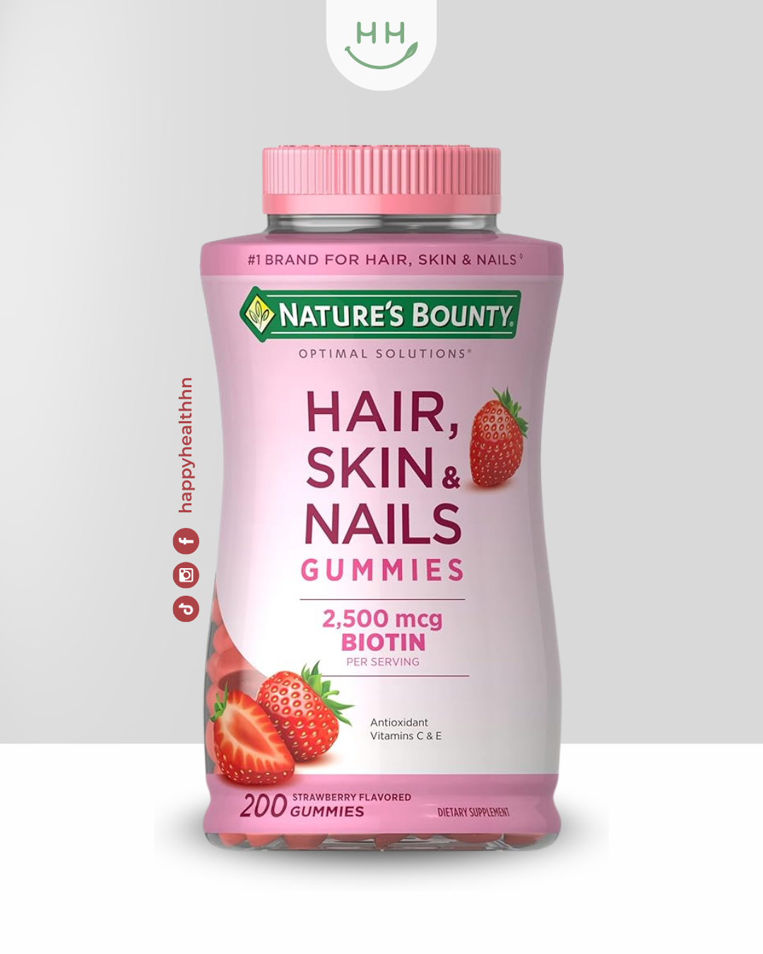 Nature’s Bounty Hair Skin Nails Gummies 200 unidades con 2500 mcg de biotina para cabello, piel y uñas saludables.