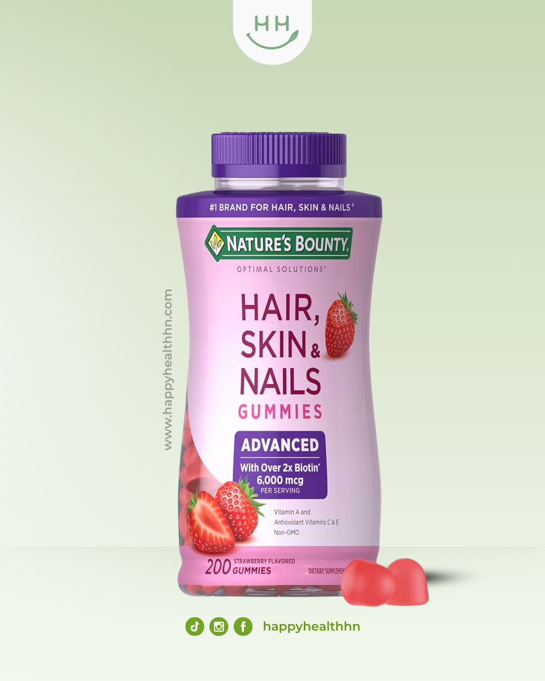 Nature's Bounty Hair Skin Nails Gummies Advanced suplemento 200 gomitas biotina 6000 mcg para cabello piel uñas saludables