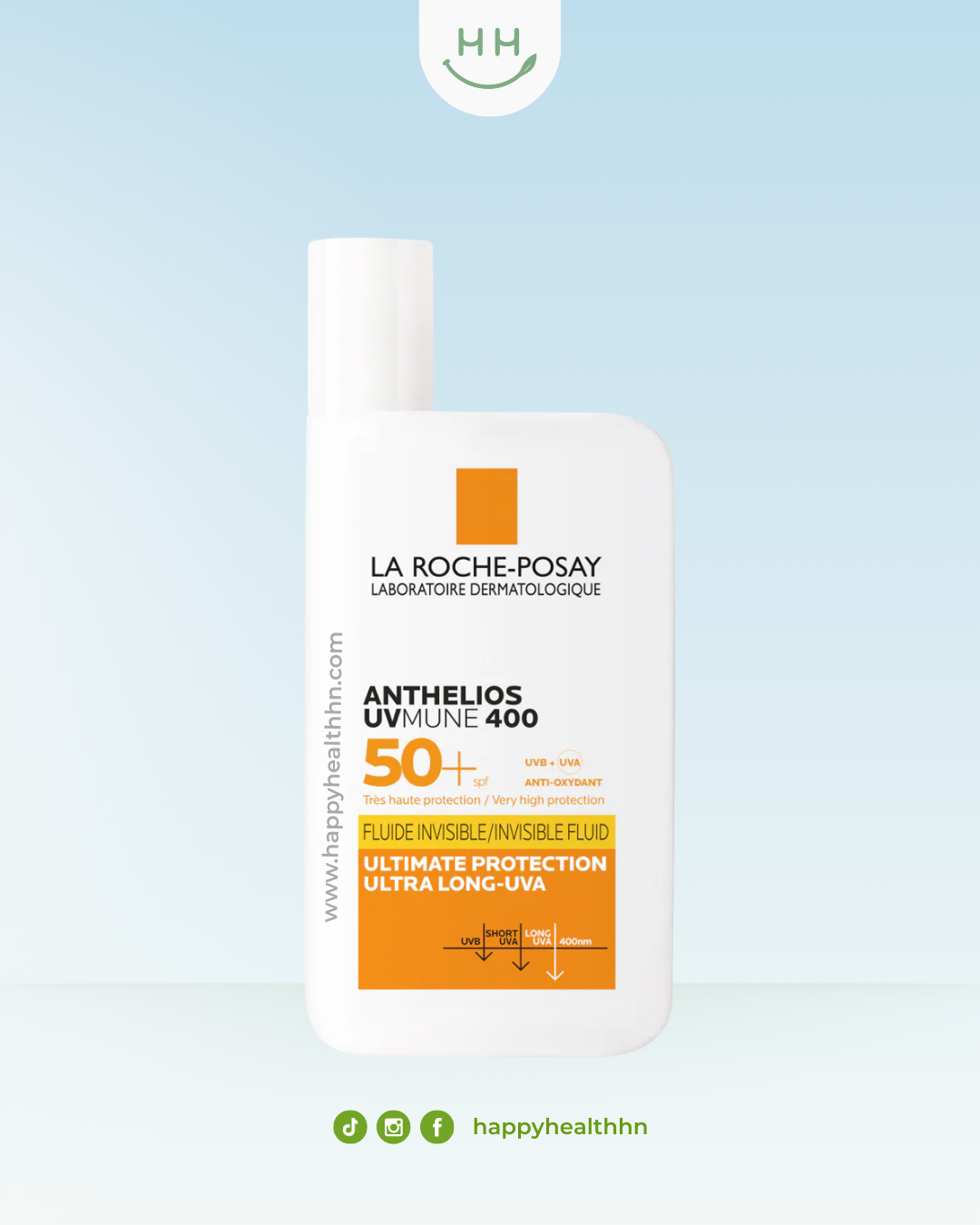 Protector solar Anthelios UVMune 400 de La Roche-Posay sobre fondo blanco elegante con elementos botánicos.