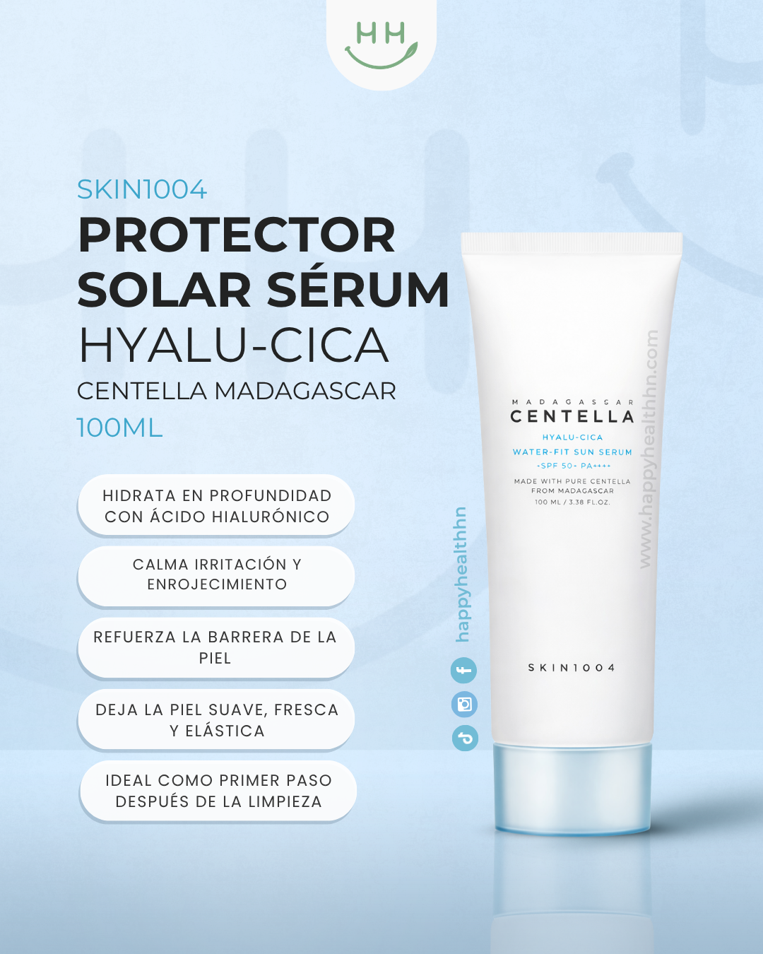 Protector solar coreano SKIN1004 100ml textura sérum sin residuo blanco centella asiática ácido hialurónico