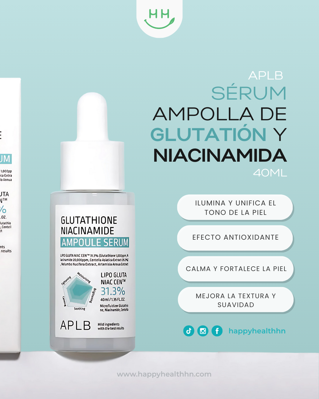 Suero ampoule coreano APLB con glutatión 1000ppm y 29.2% centella asiática para piel opaca