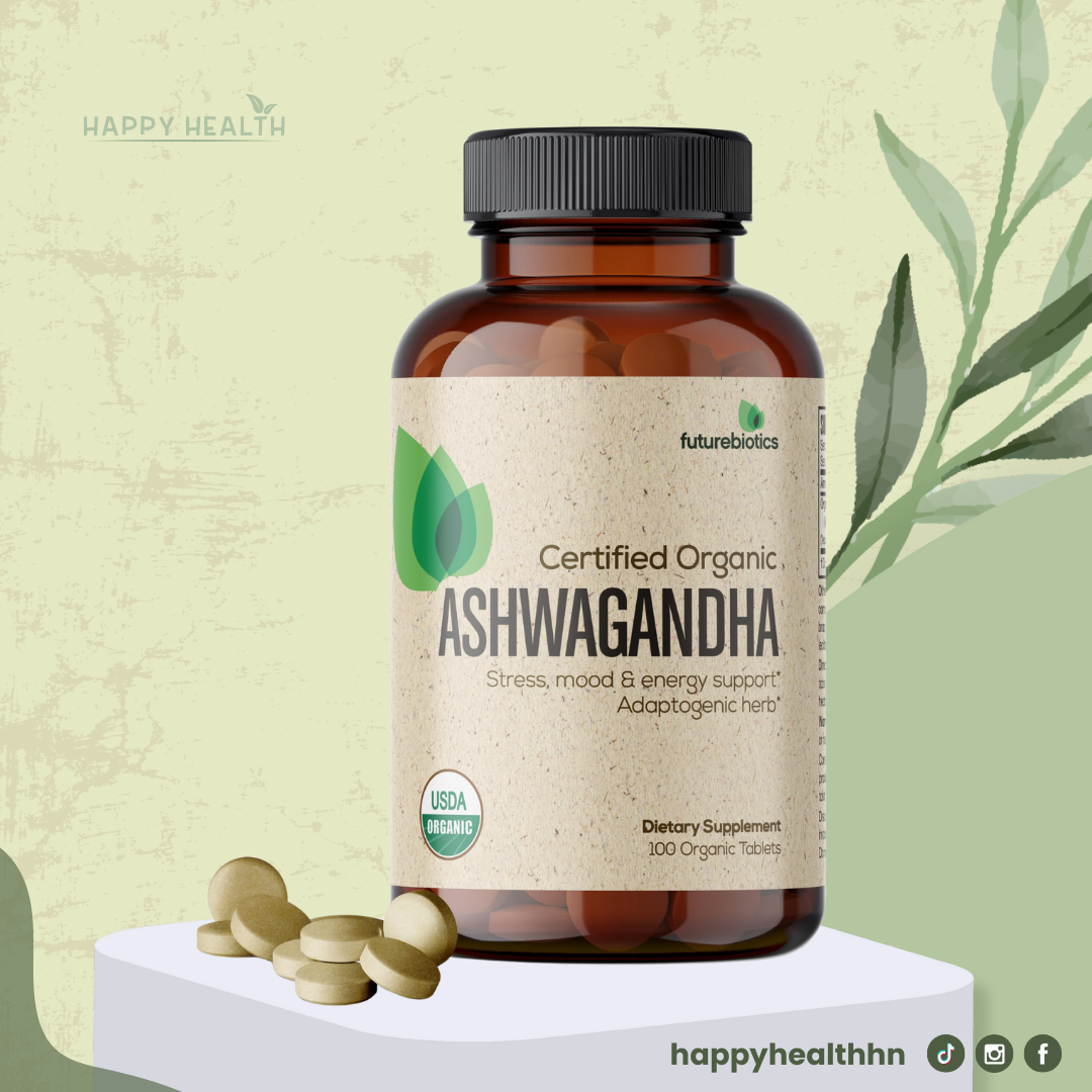 Ashwagandha Futurebiotics acompañada de hojas verdes, representando su fórmula adaptógena 100% natural para apoyar el manejo del estrés y la energía.