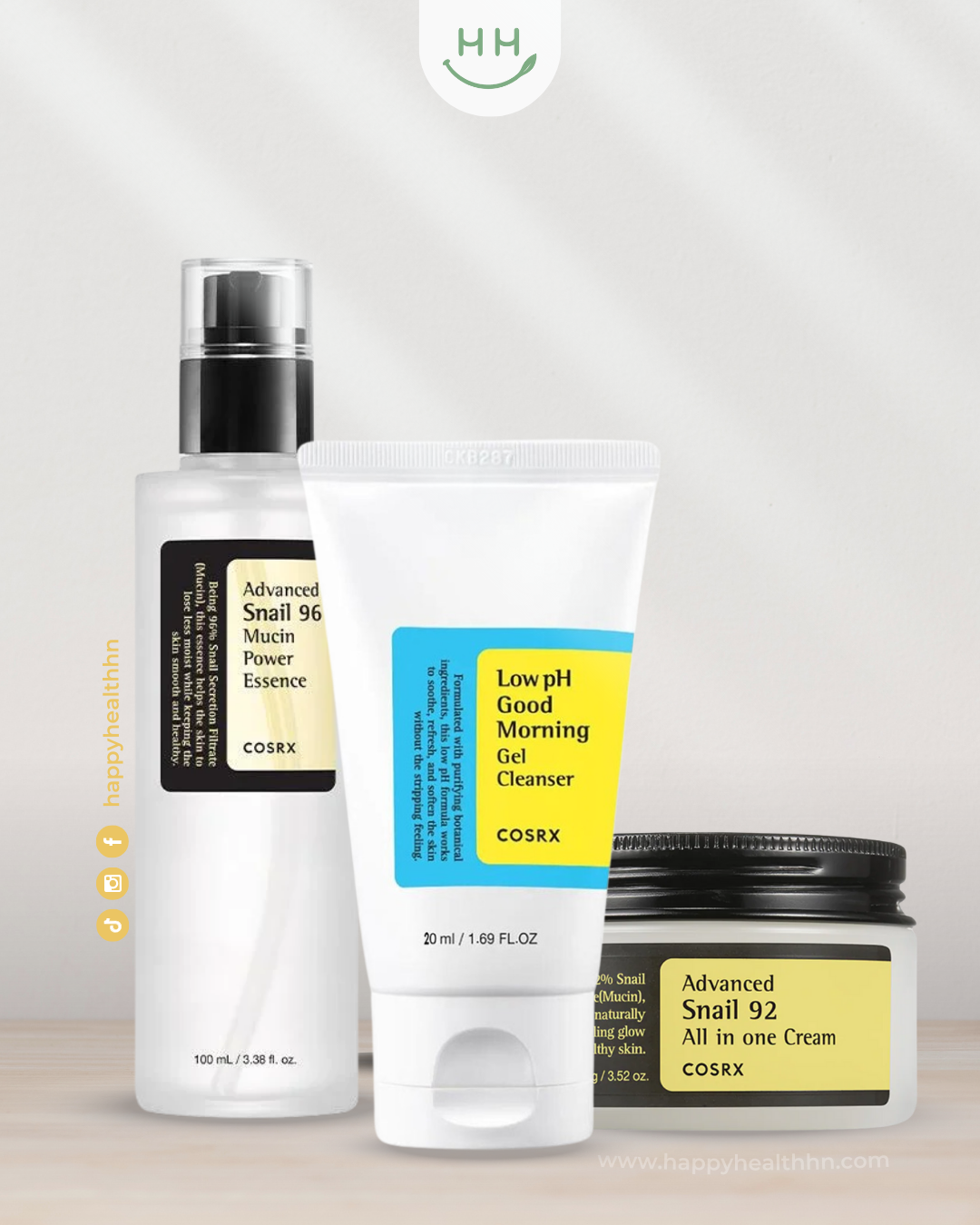 Trío de productos Cosrx con mucina de caracol para hidratación y reparación de la piel.