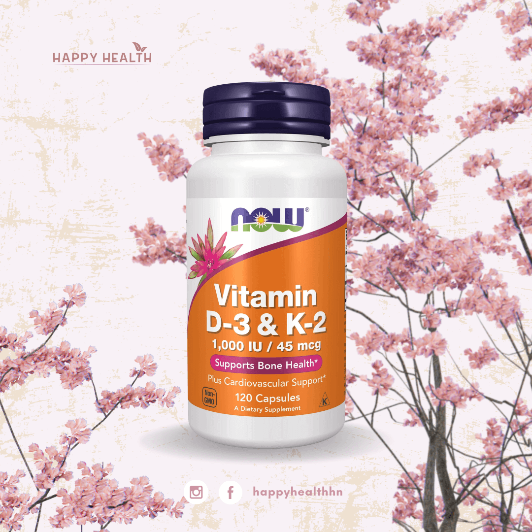 Frasco de vitamina D-3 y K-2 de NOW con fondo floral primaveral - Suplemento para huesos y corazón